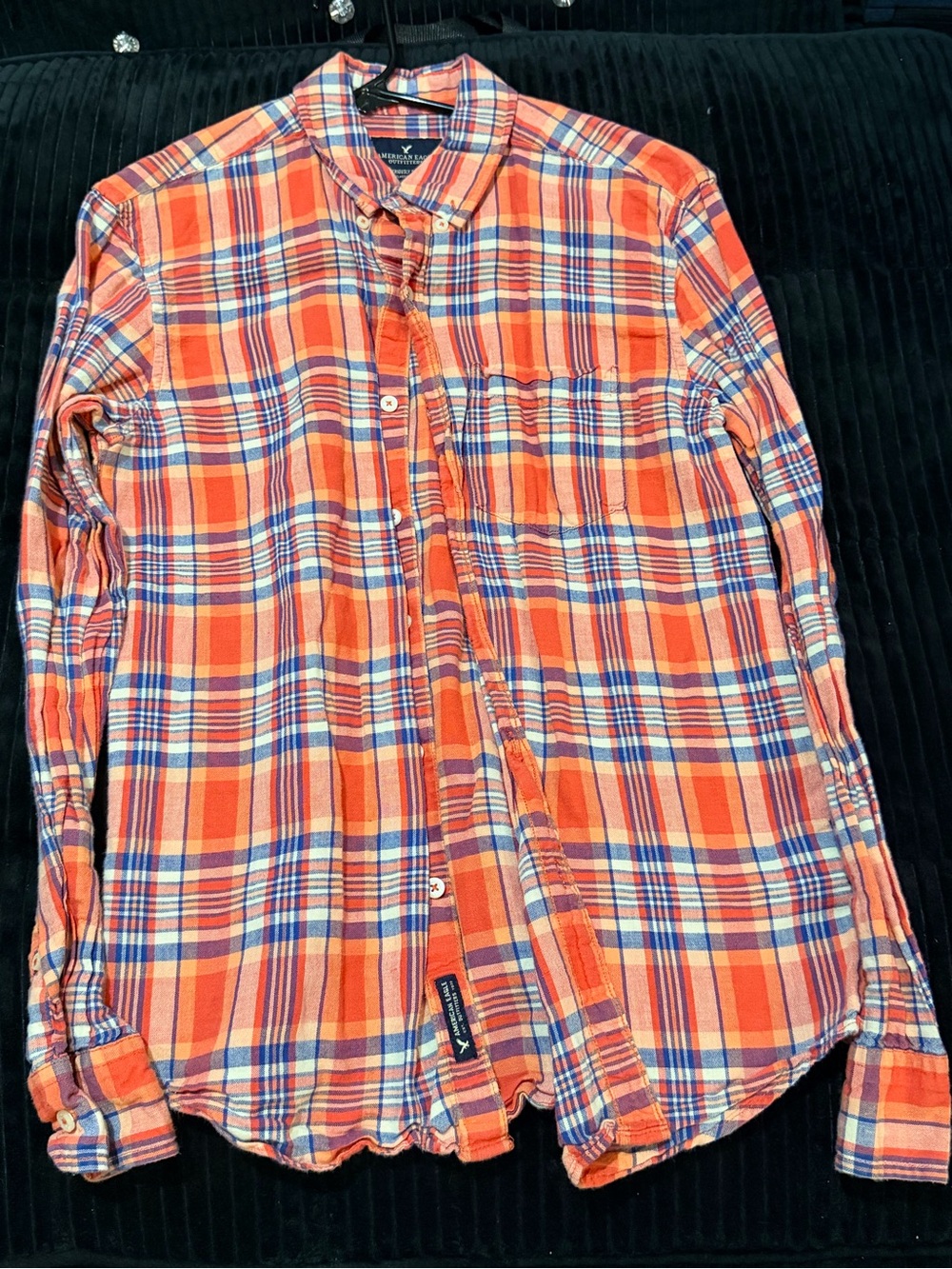 American Eagle Men’s Small Orange Blue Plaid Button Down Shirt